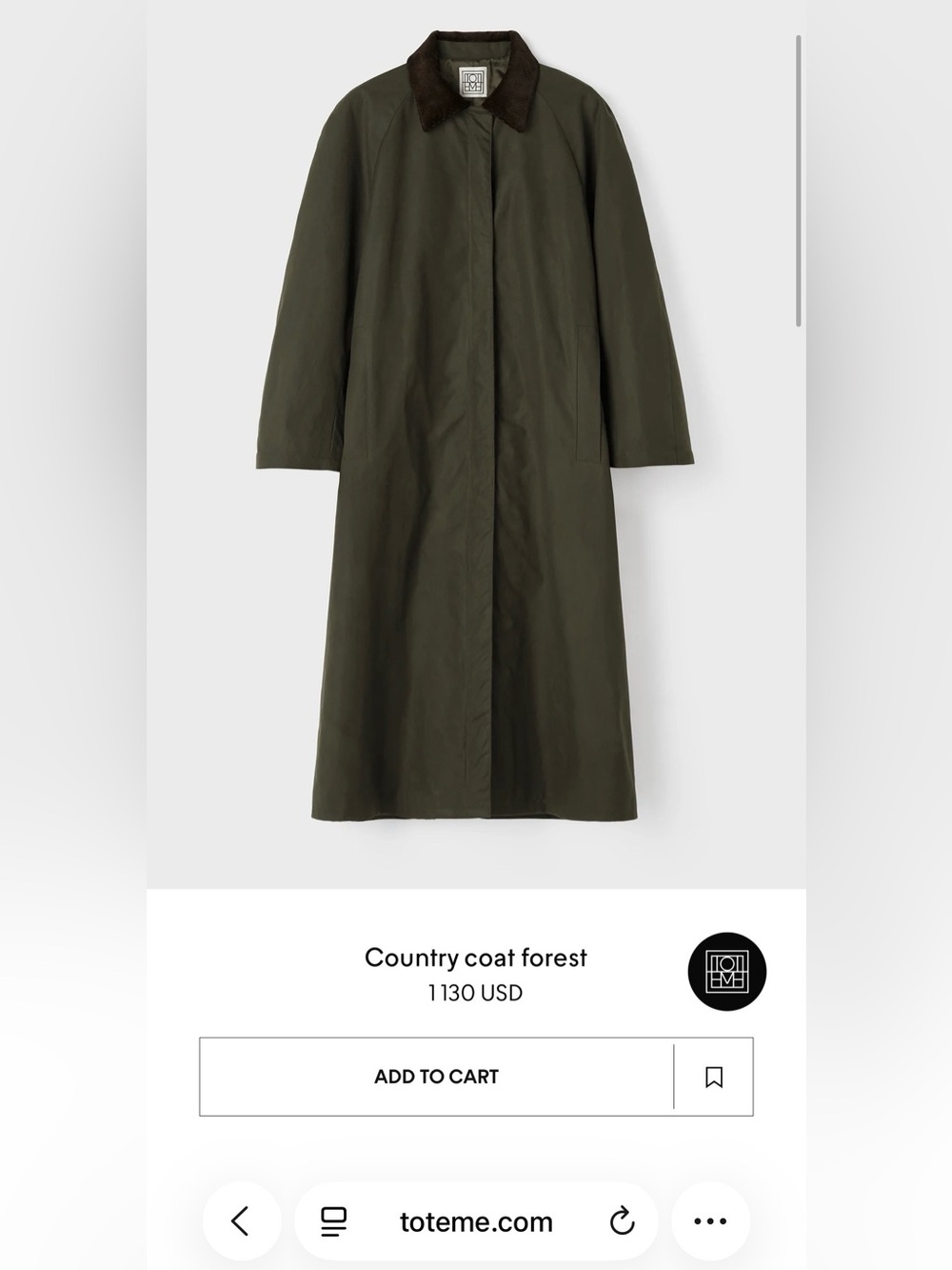 Toteme Faux Olive Green Long Country Coat with Brown Collar - Picture 5 of 6